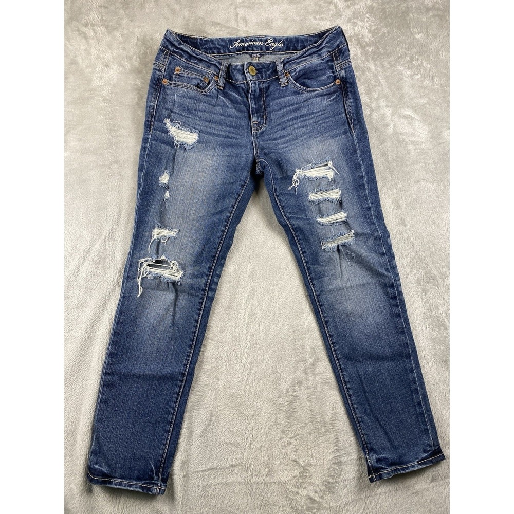 American Eagle Women's‎ Jeans Sz 2   Stretch Slouchy Med Wash Distressed